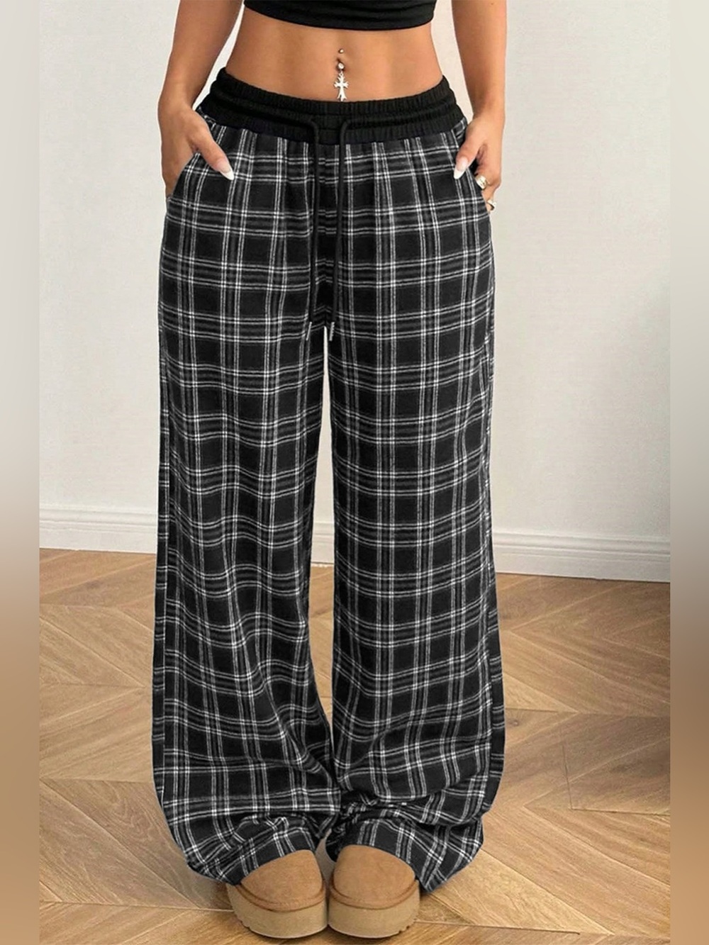 Plaid Wide-Leg Drawstring Pants